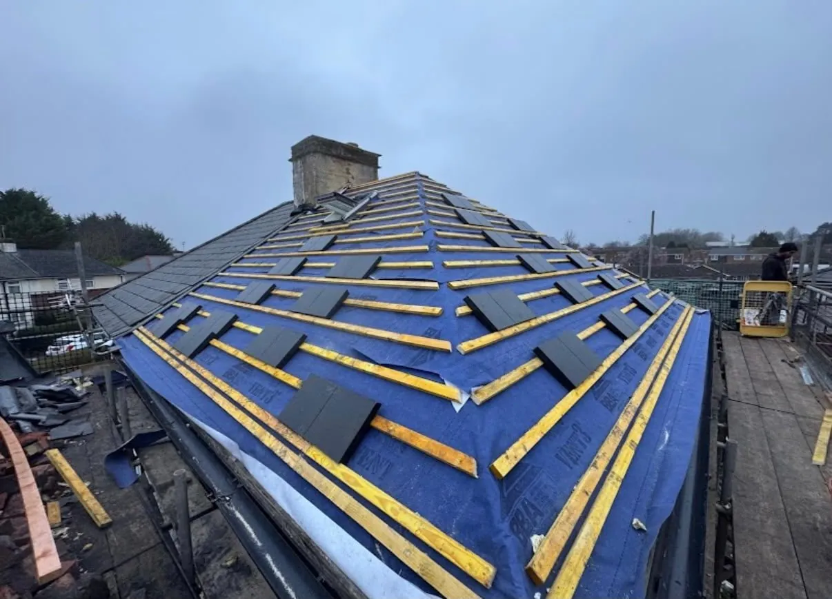 Roof stripped to new membrane and battens ready for re-tiling in Leicester